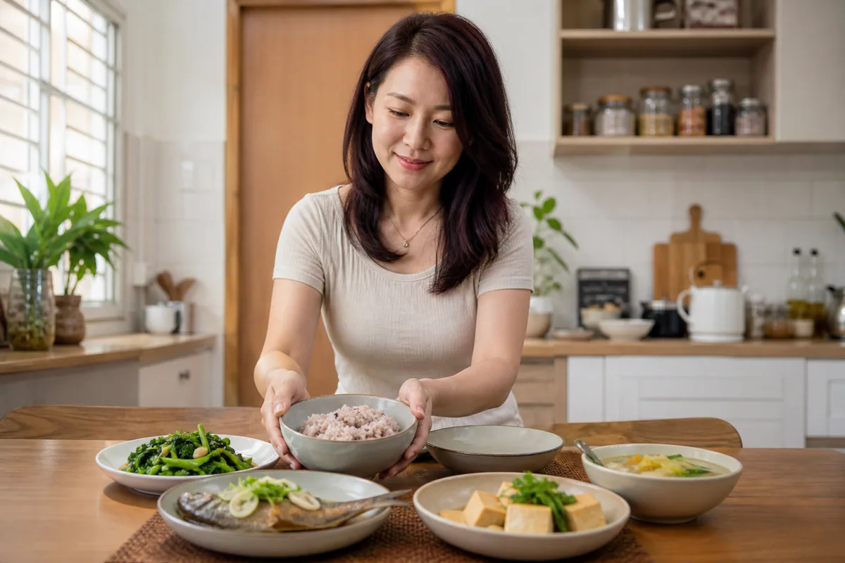 Malaysian Chinese woman serving a balanced Malaysian meal