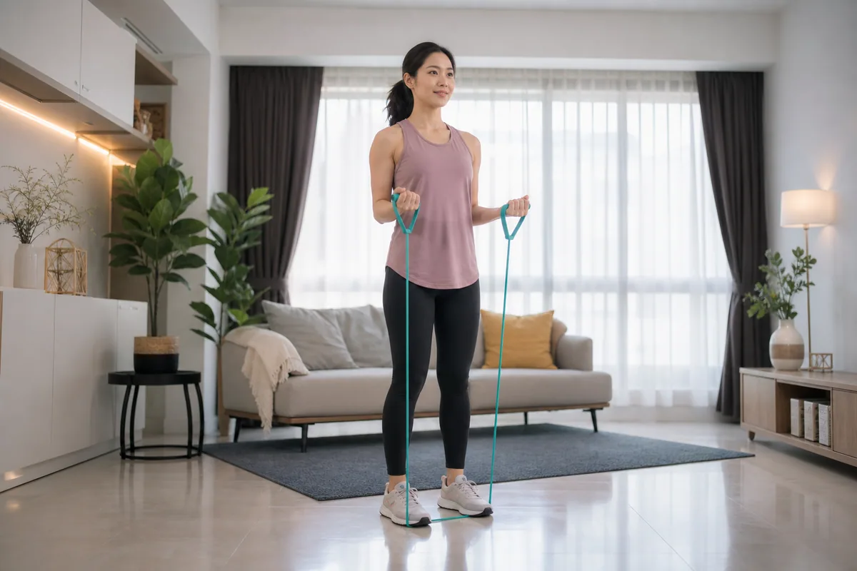 Malaysian Chinese woman doing resistance-band exercise at home
