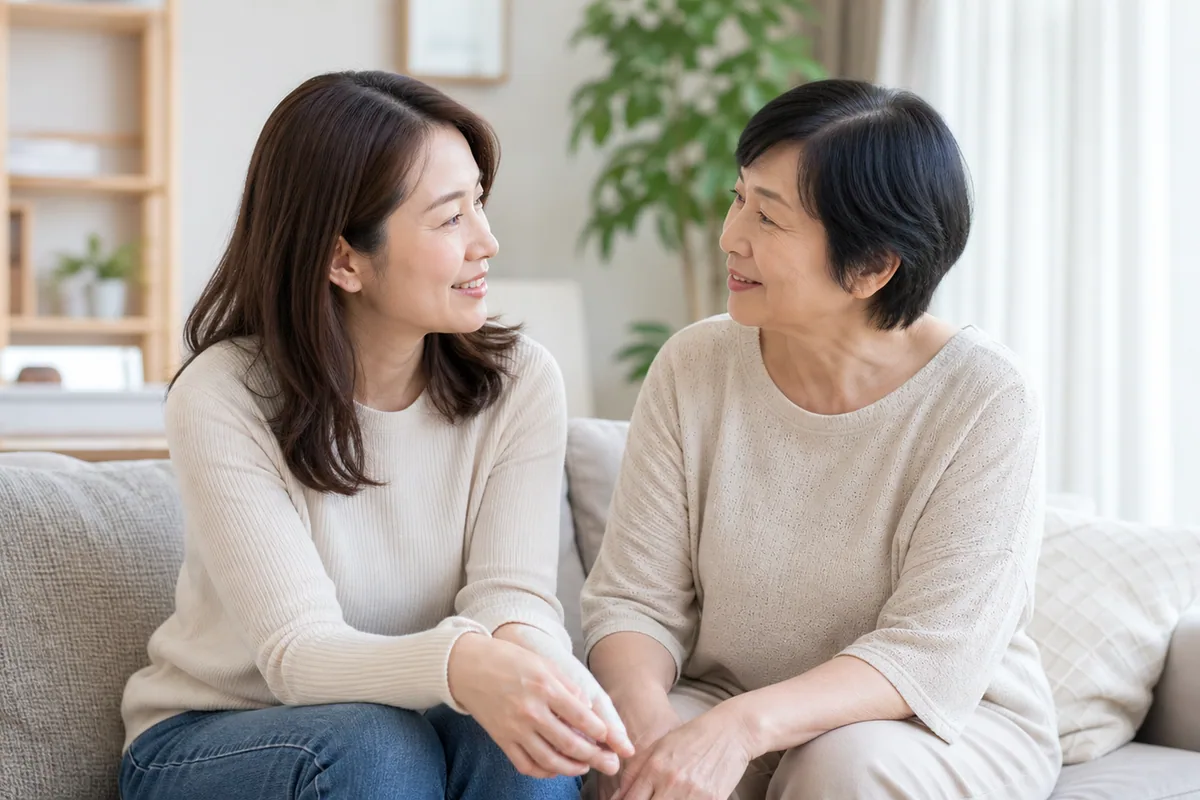 Malaysian Chinese woman talking with her mother about family