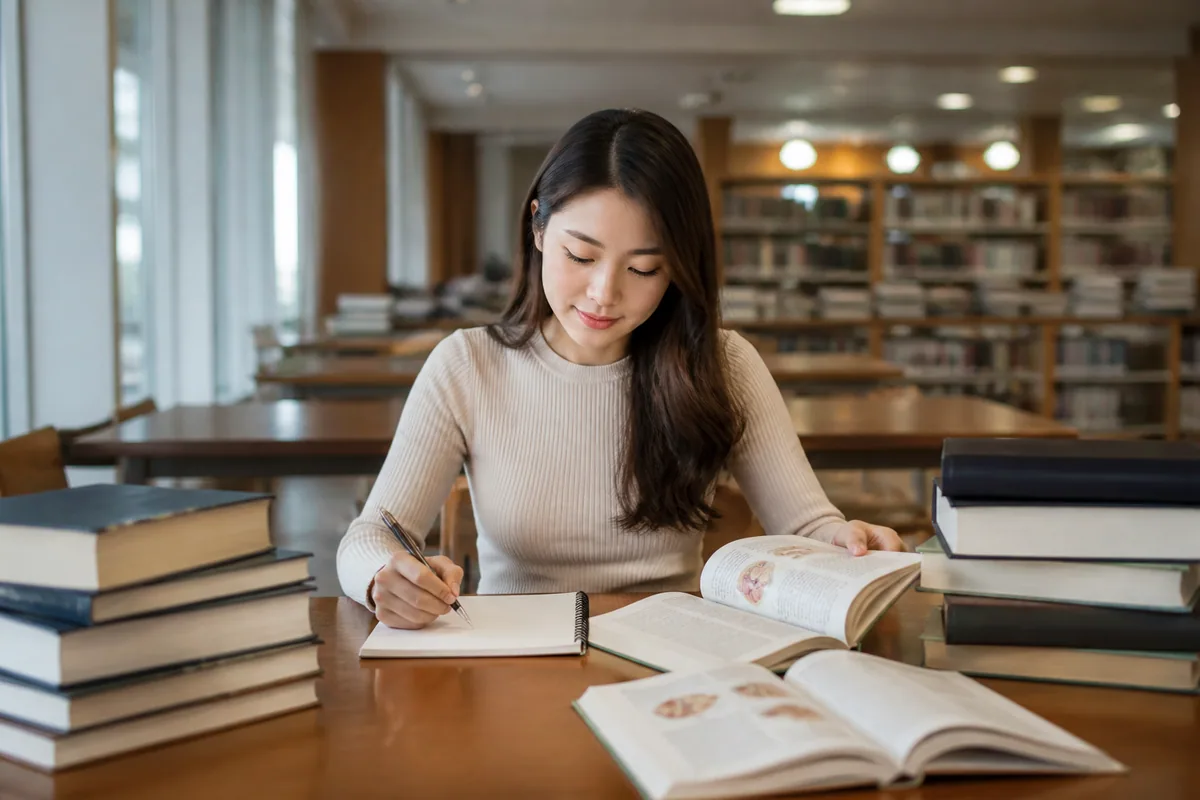 Malaysian Chinese woman consulting health reference books in a library