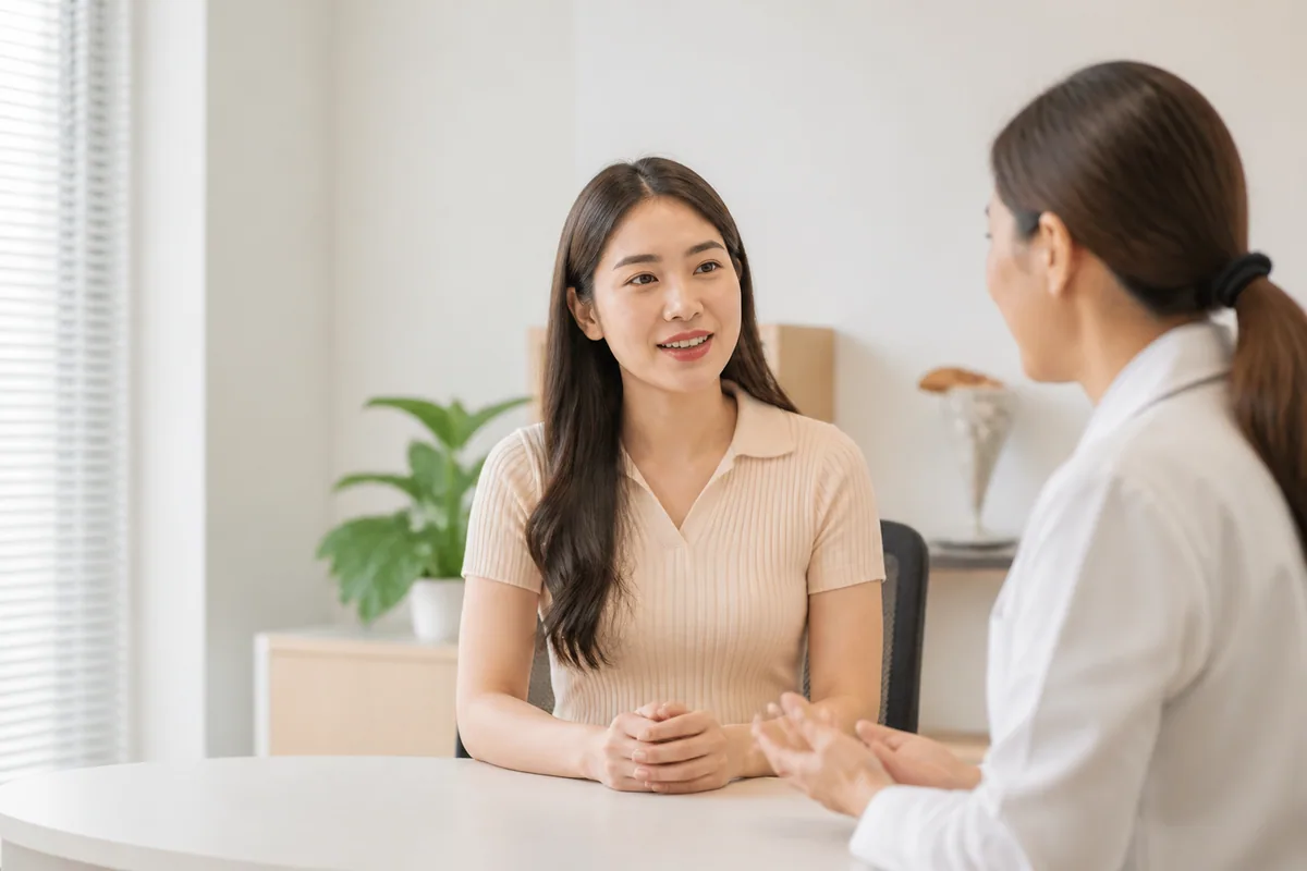 Malaysian Chinese woman discussing her next health step with a healthcare professional