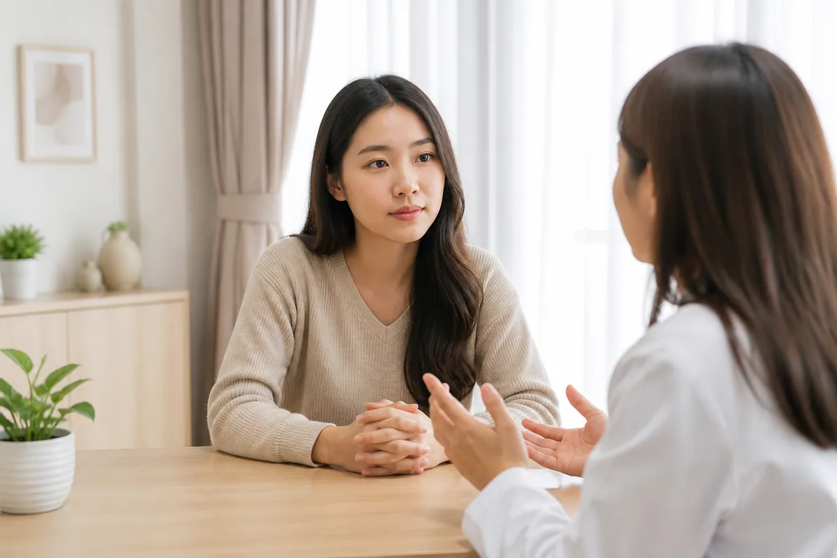 Malaysian Chinese woman discussing test follow-up with a doctor
