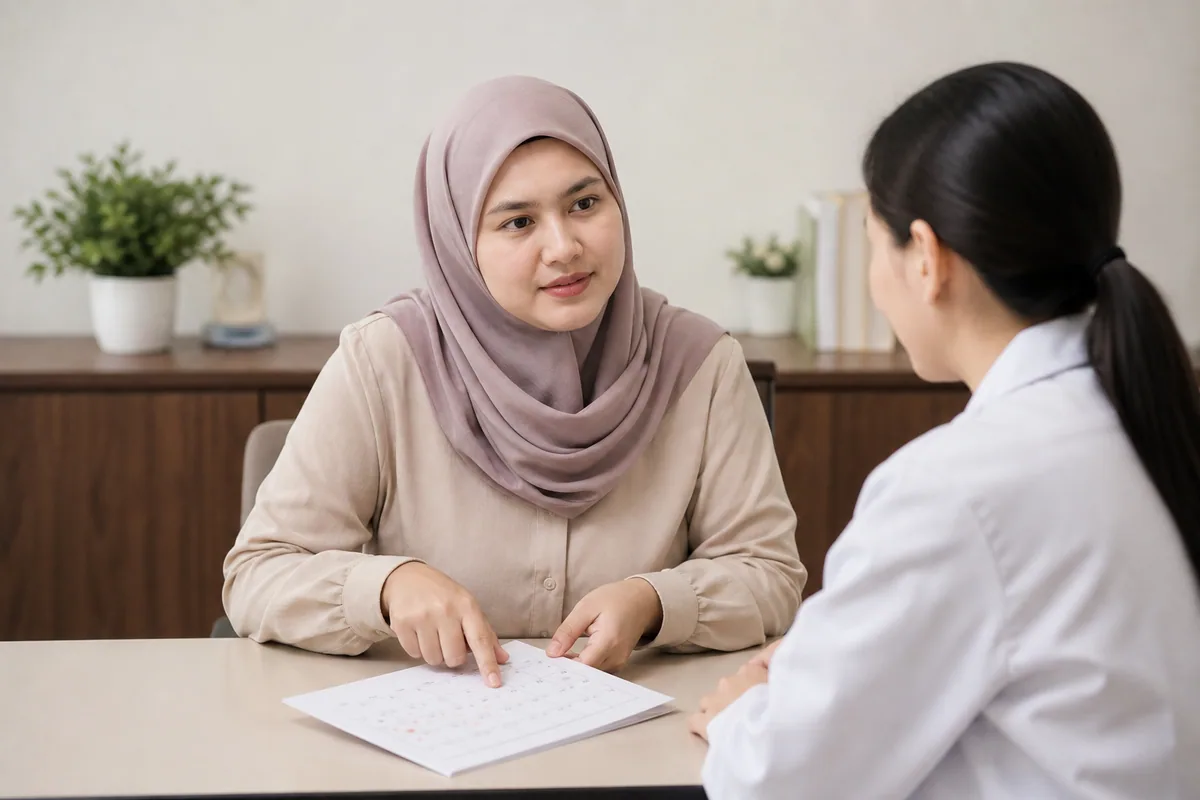 Wanita Melayu berbincang tentang kitaran haid bersama doktor