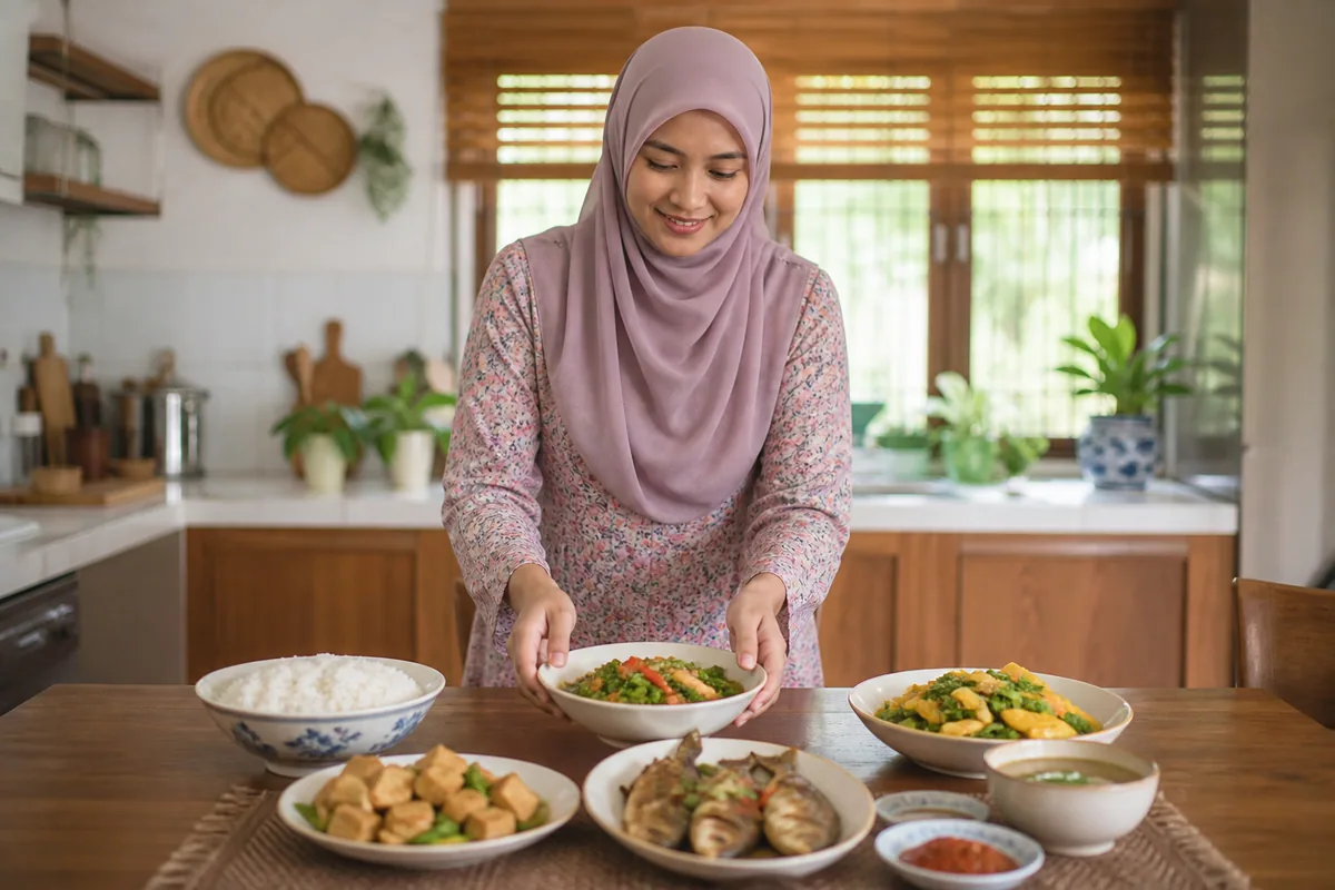 Wanita Melayu menghidangkan makanan Malaysia yang seimbang