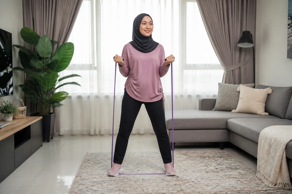 Wanita Melayu melakukan senaman jalur rintangan di rumah