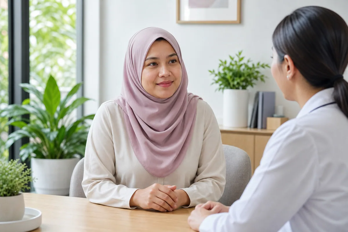Wanita Melayu berbincang tentang langkah kesihatan seterusnya bersama profesional kesihatan