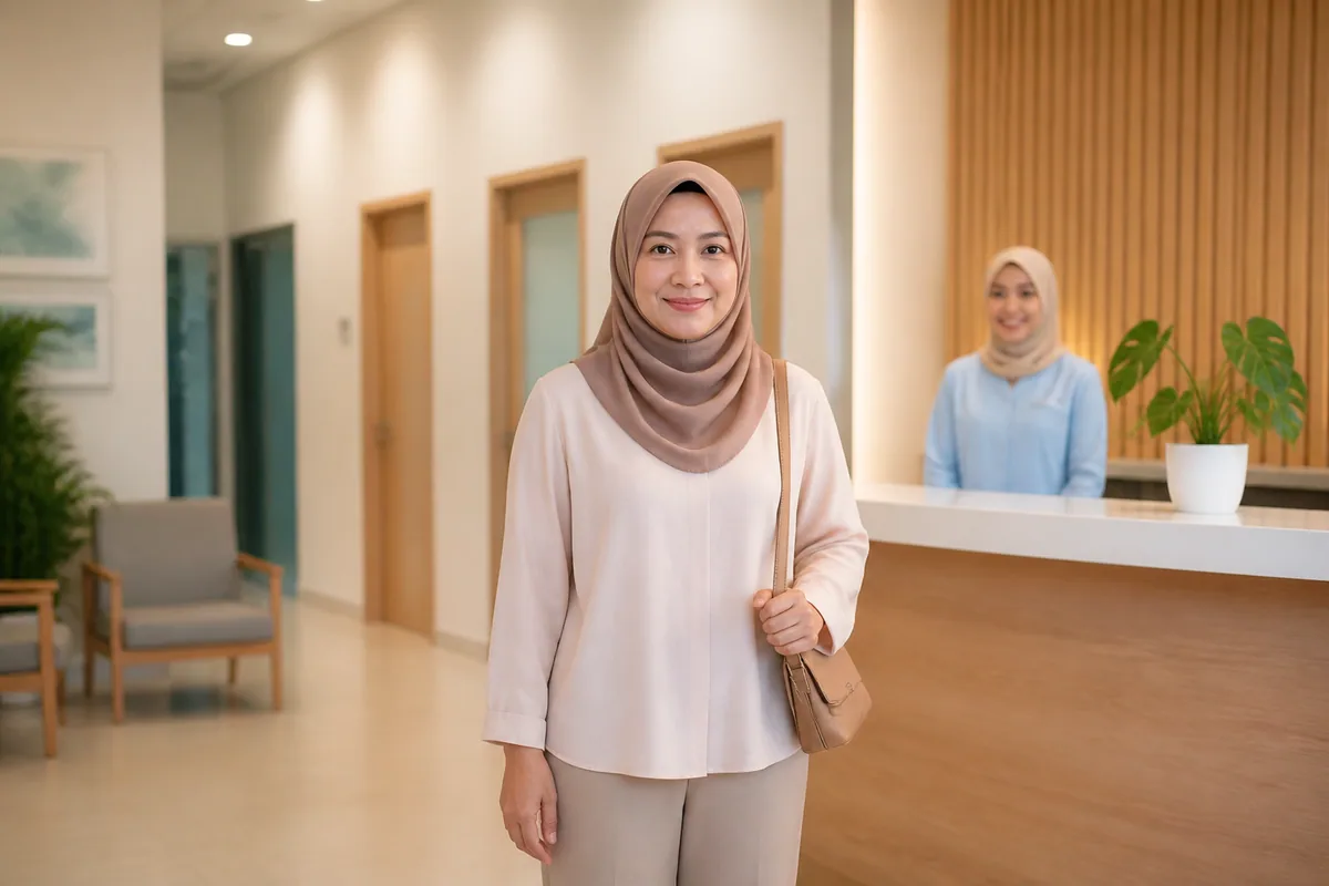 Wanita Melayu tiba di kaunter penerimaan klinik Malaysia