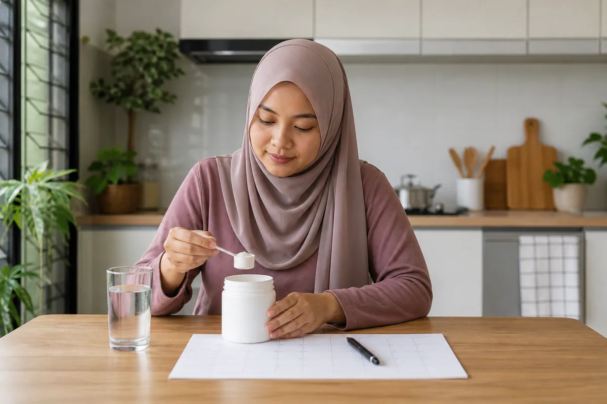 Wanita Melayu menyusun rutin inositol bersama air dan kalendar kosong