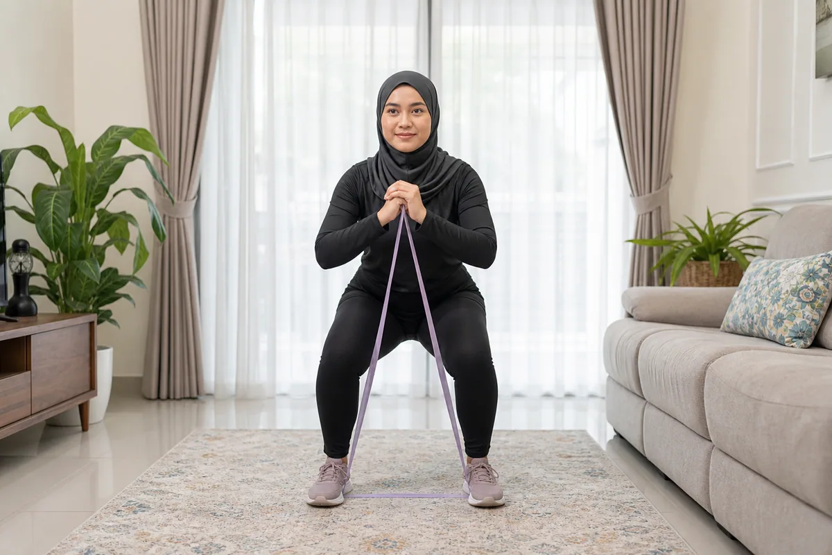 Wanita Melayu melakukan squat menggunakan jalur rintangan di rumah