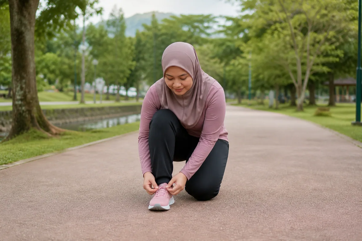 Wanita Melayu mengikat kasut sebelum berjalan di taman