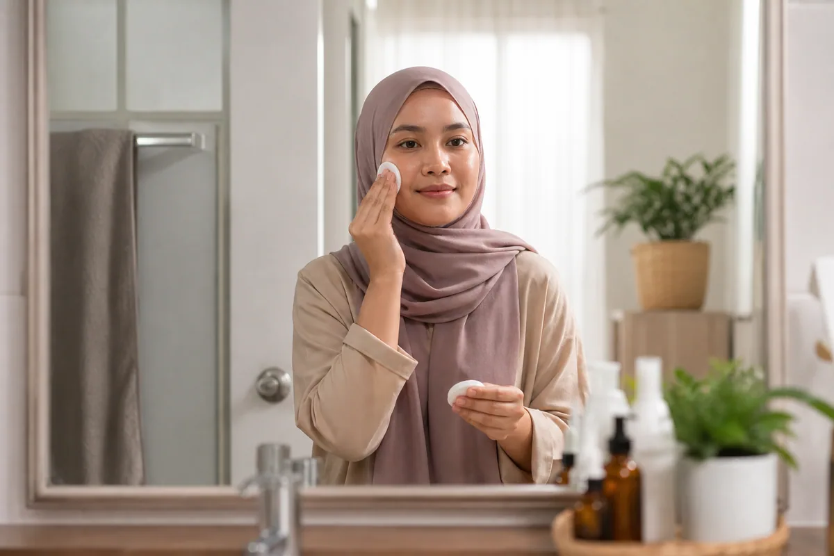 Wanita Melayu melakukan penjagaan kulit wajah dengan tenang