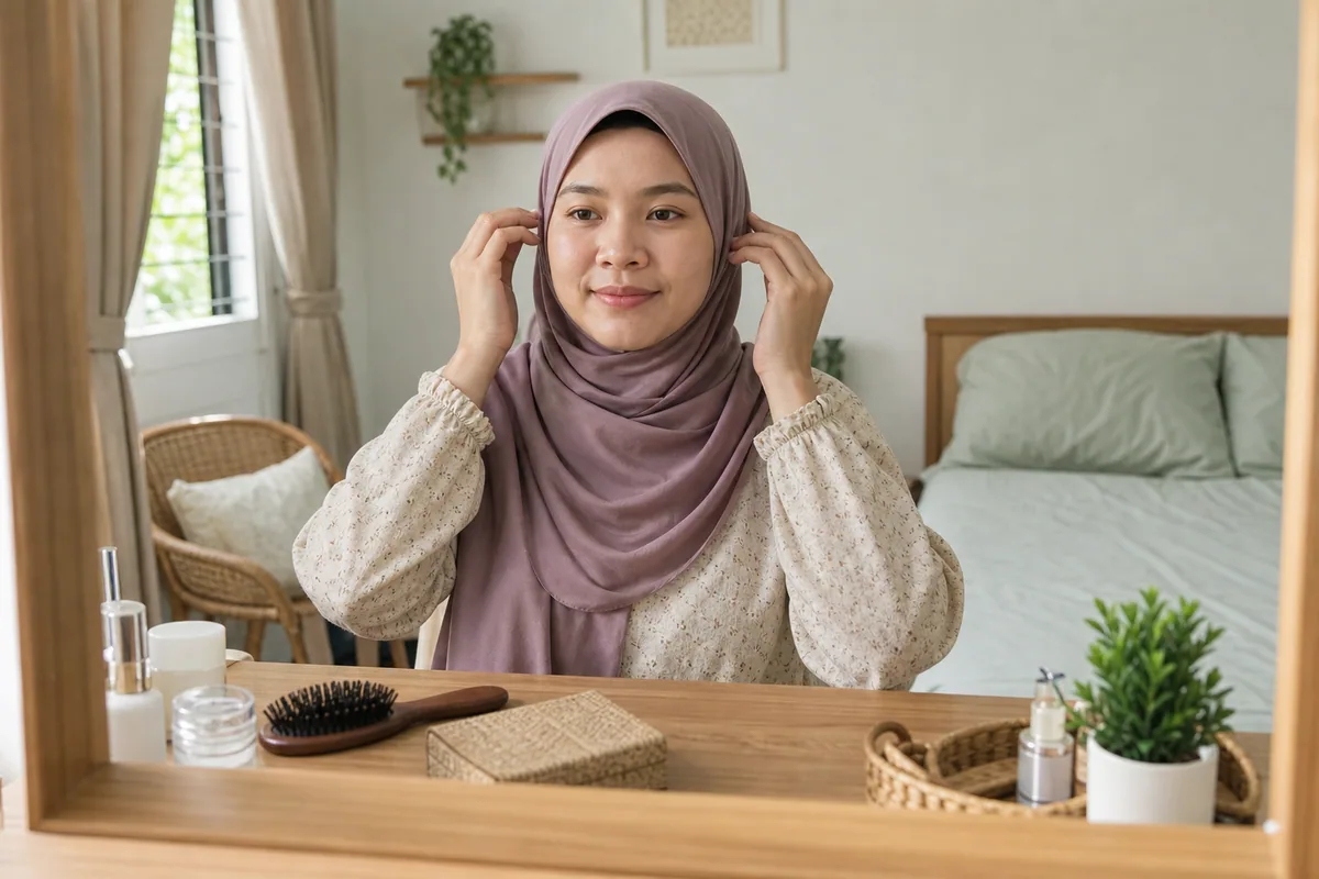 Wanita Melayu menyusun tudung di hadapan meja solek