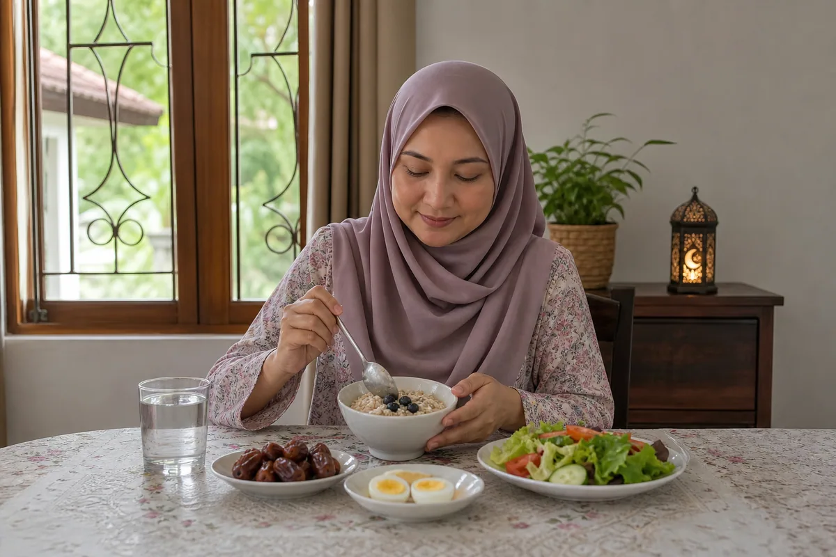 Wanita Melayu menyediakan hidangan sahur seimbang pada bulan Ramadan