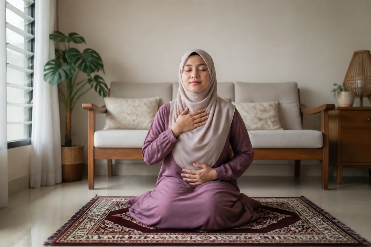Wanita Melayu melakukan latihan pernafasan perlahan di rumah