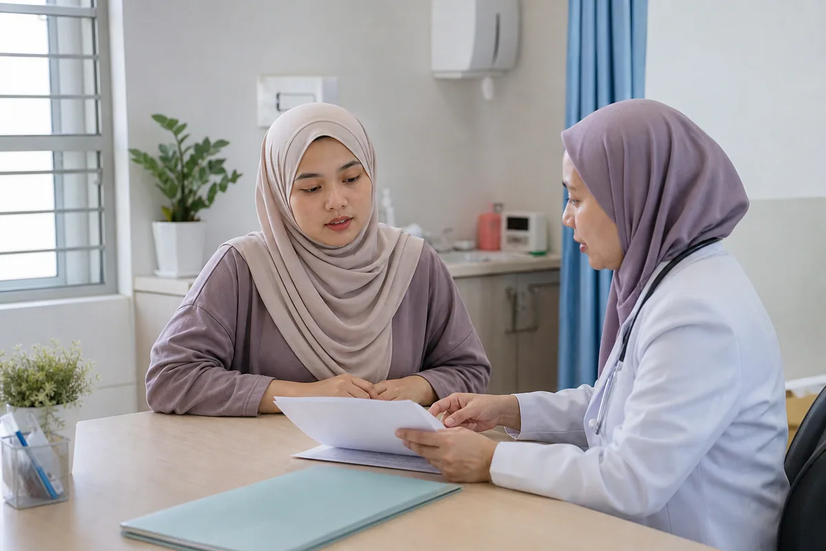 Wanita Melayu berbincang tentang keputusan susulan bersama doktor