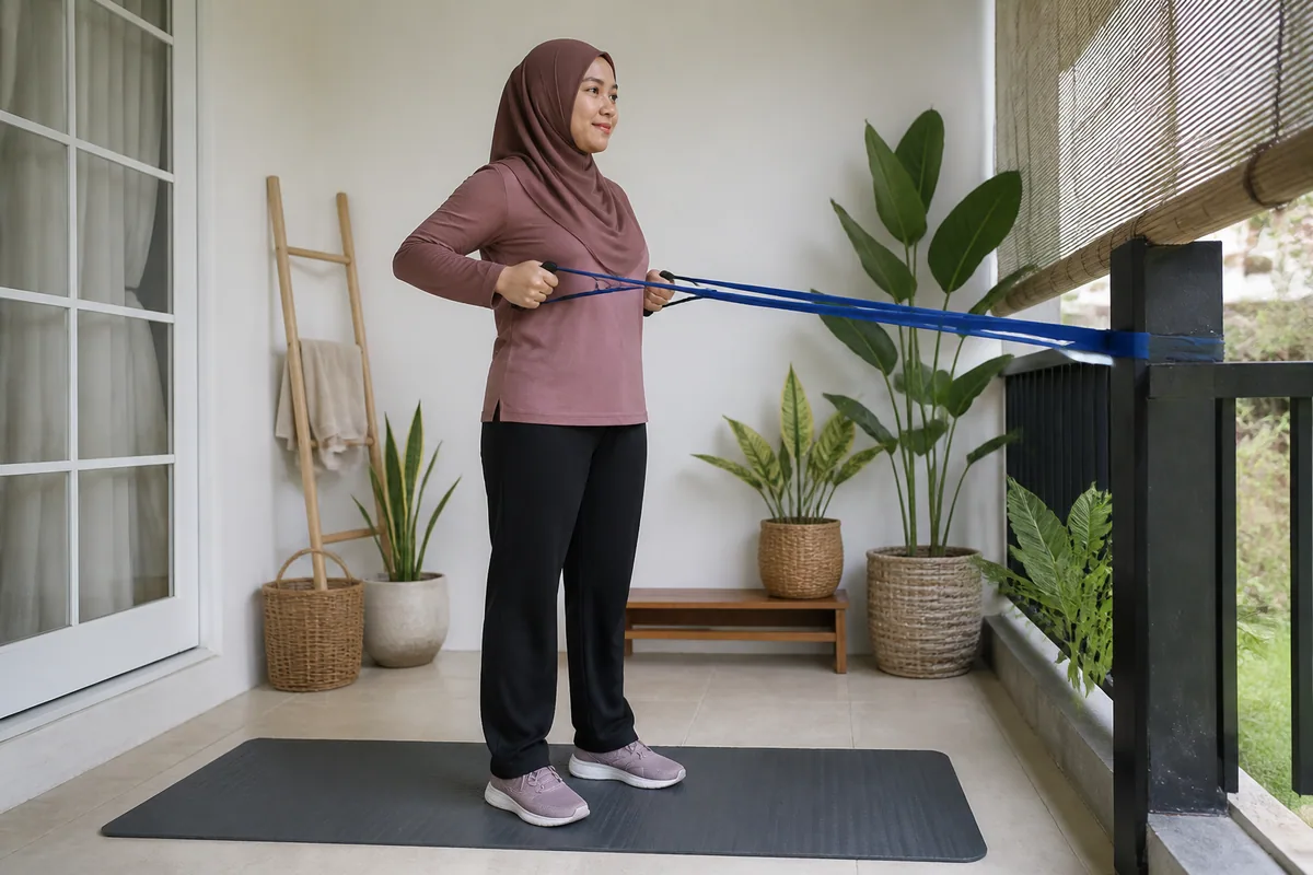 Wanita berhijab melakukan senaman jalur rintangan dengan selamat di rumah