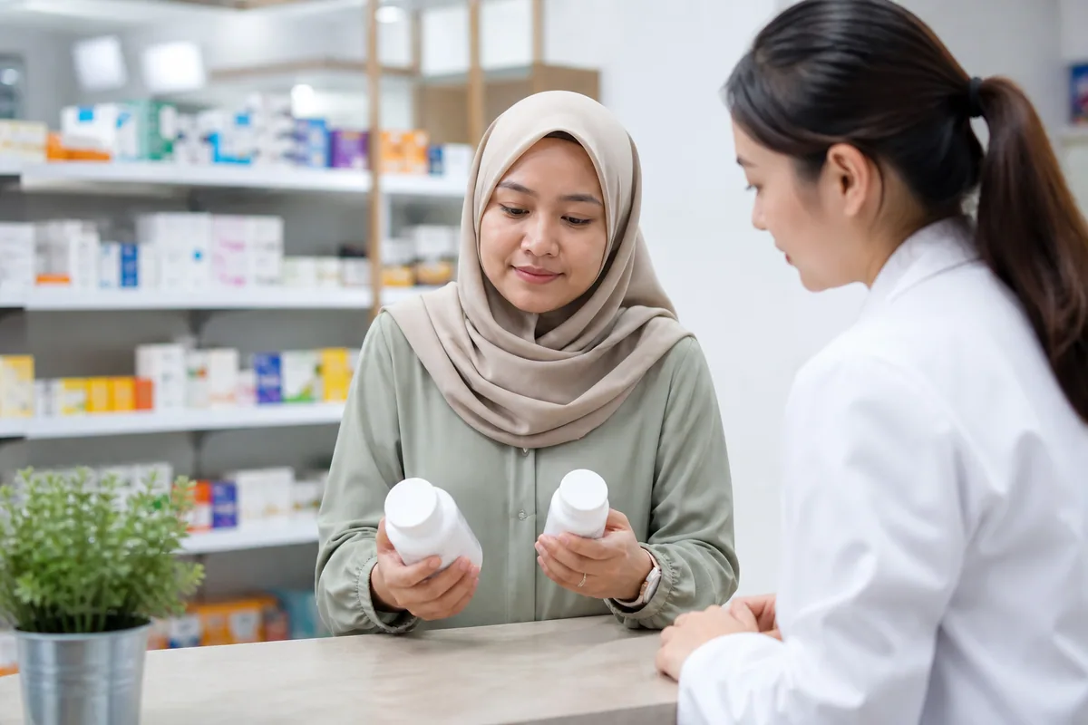 Wanita Melayu menyemak suplemen tanpa jenama bersama ahli farmasi