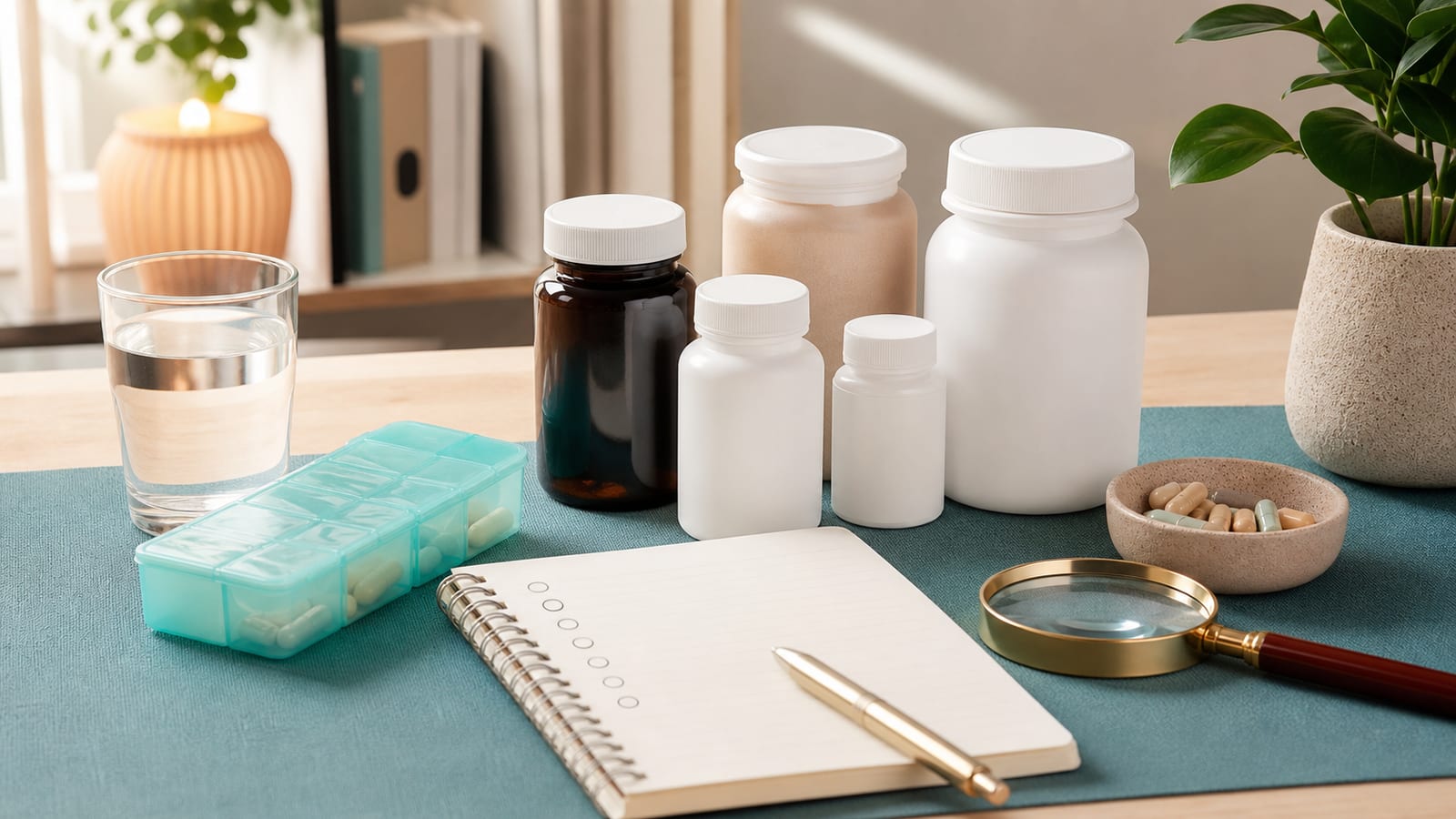 Plain supplement bottles with a check-before-buying note